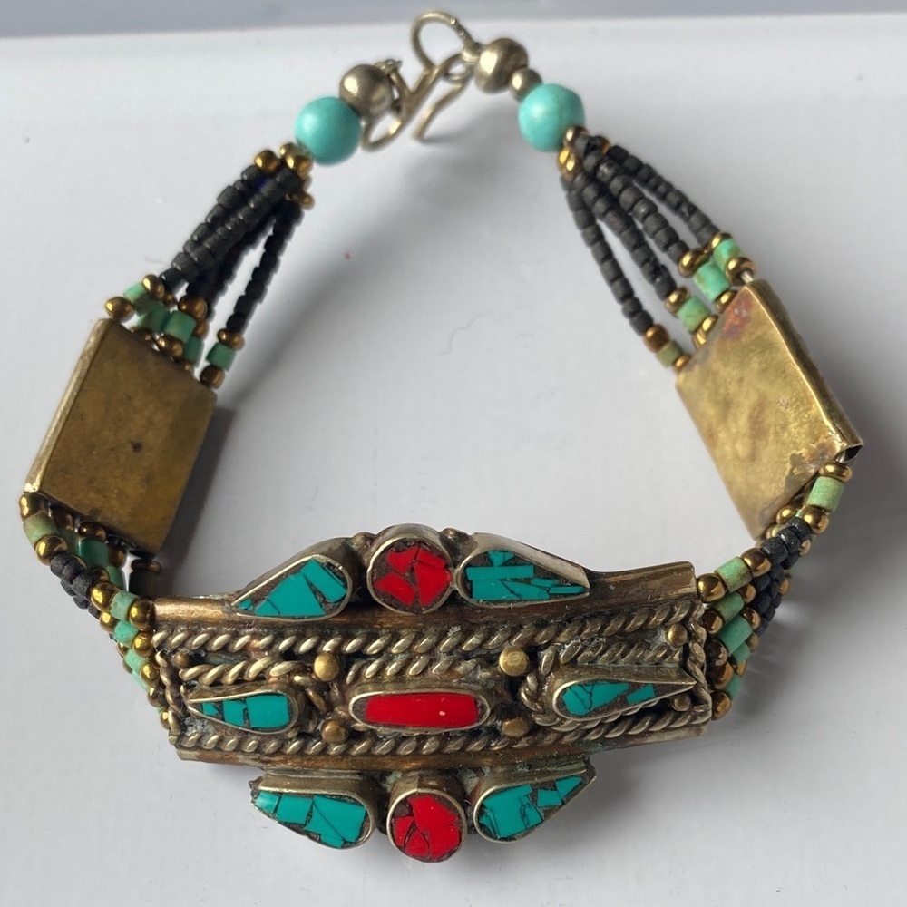 Artisan Turquoise and Red Beaded Bracelet